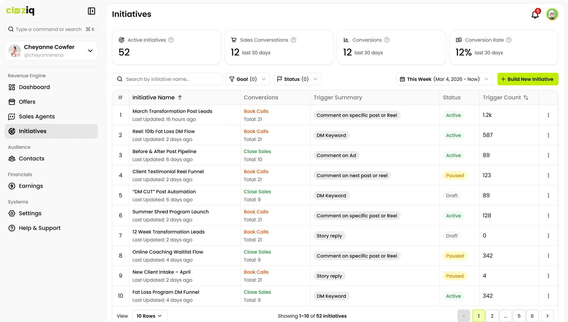 Cloziq initiative setup screen