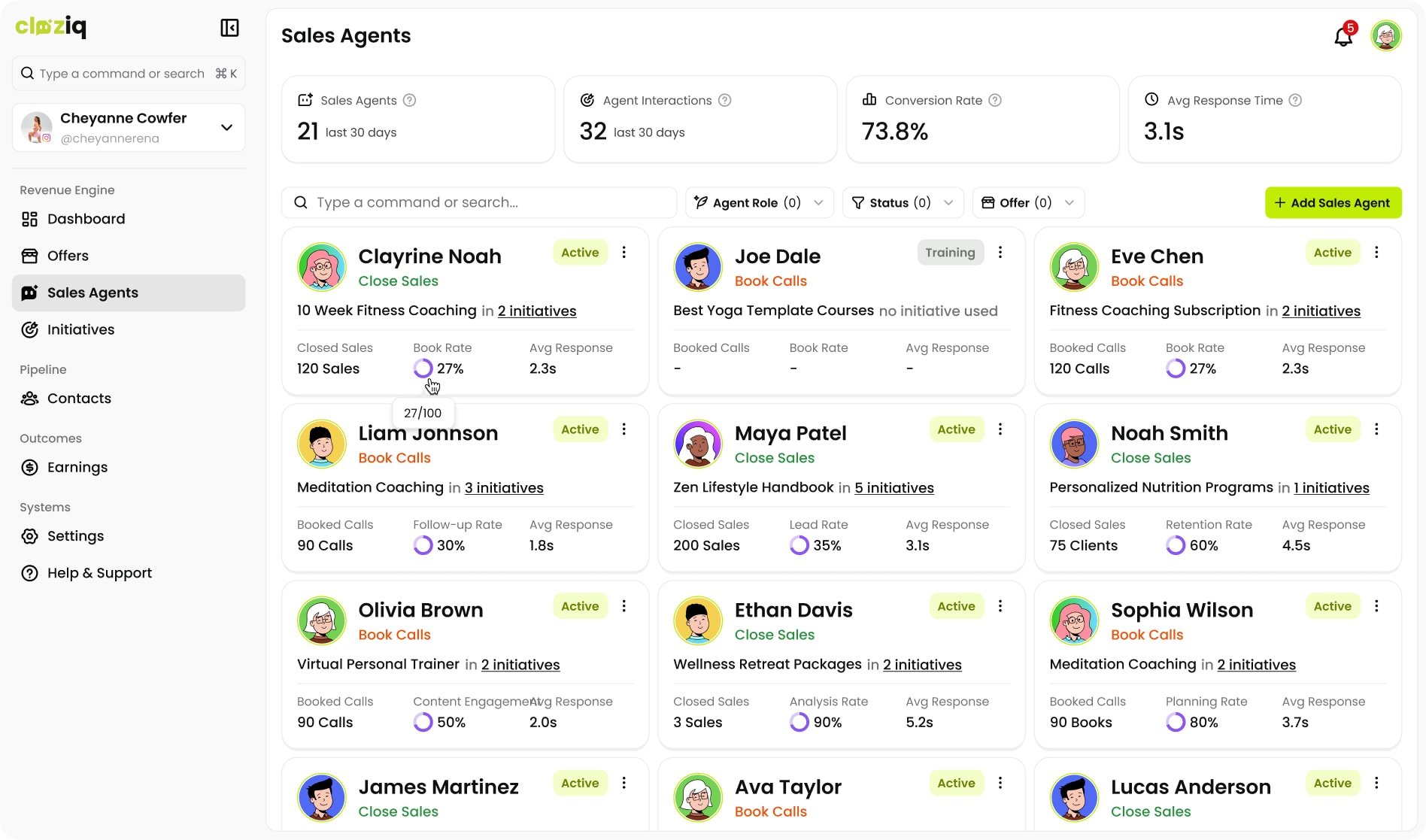 Cloziq sales agent screen